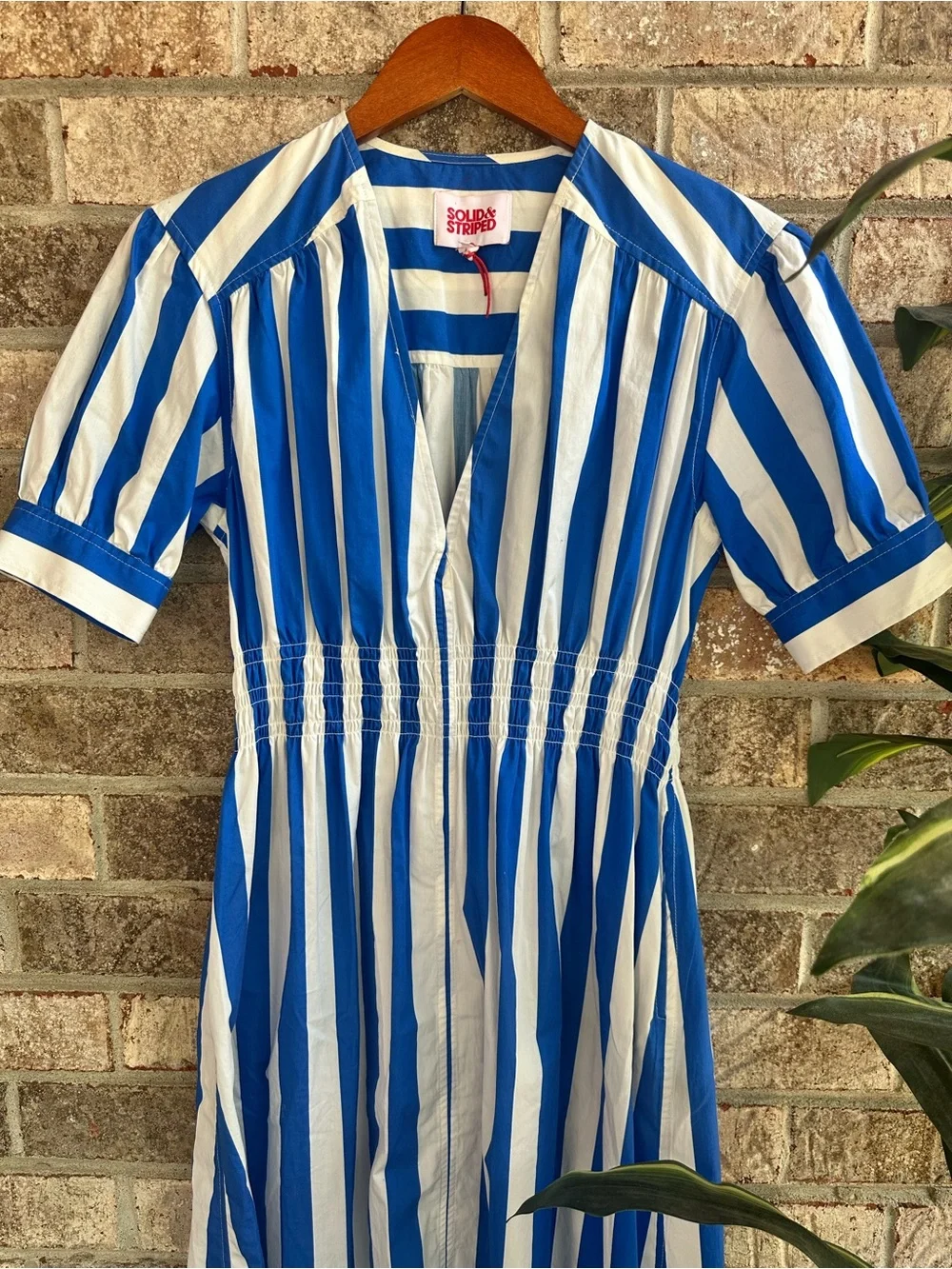 SOLID & STRIPED Blue & White Striped Midi Delilah v neck Cotton Dress w/pockets - Picture 3 of 10